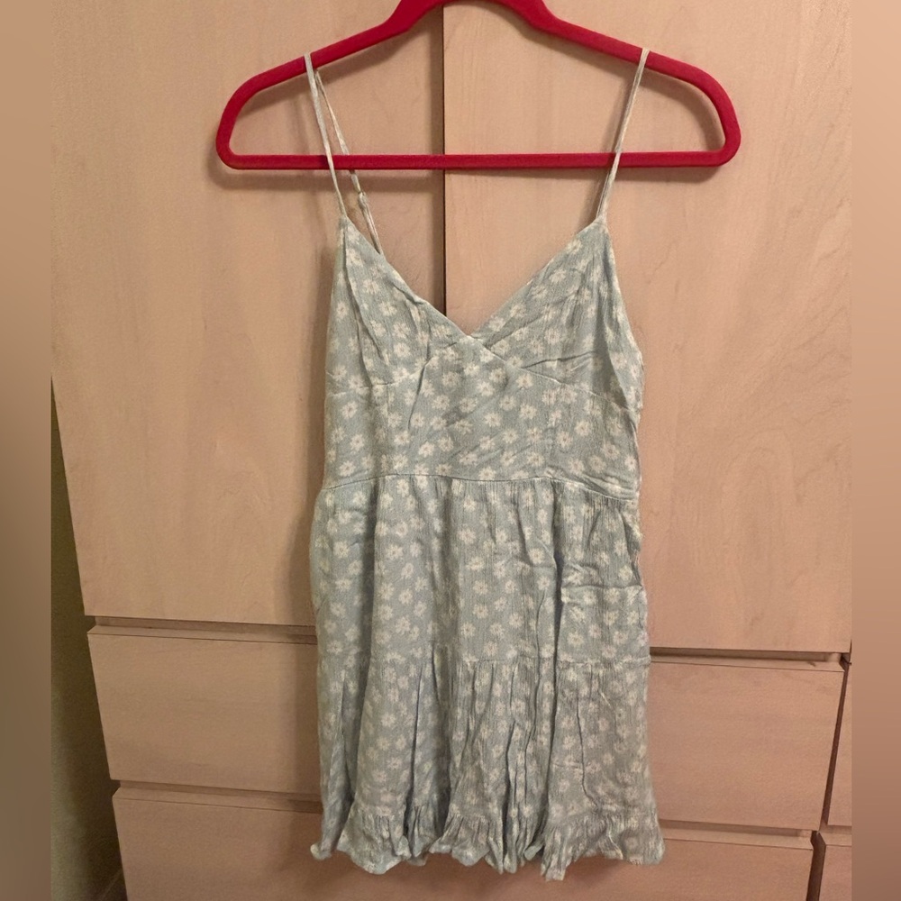 New Garage Light Blue Dress w/ Florals & Adjustable Straps & Back Smocking